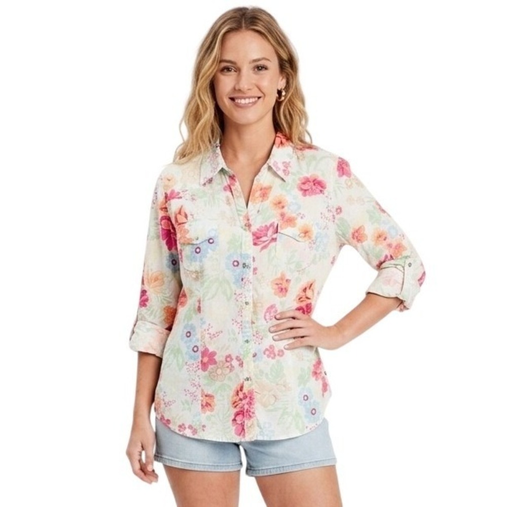 IZOD Floral Button Up Shirt Womens XL Multicolor‎ Cotton Long Sleeve Snap Pocket